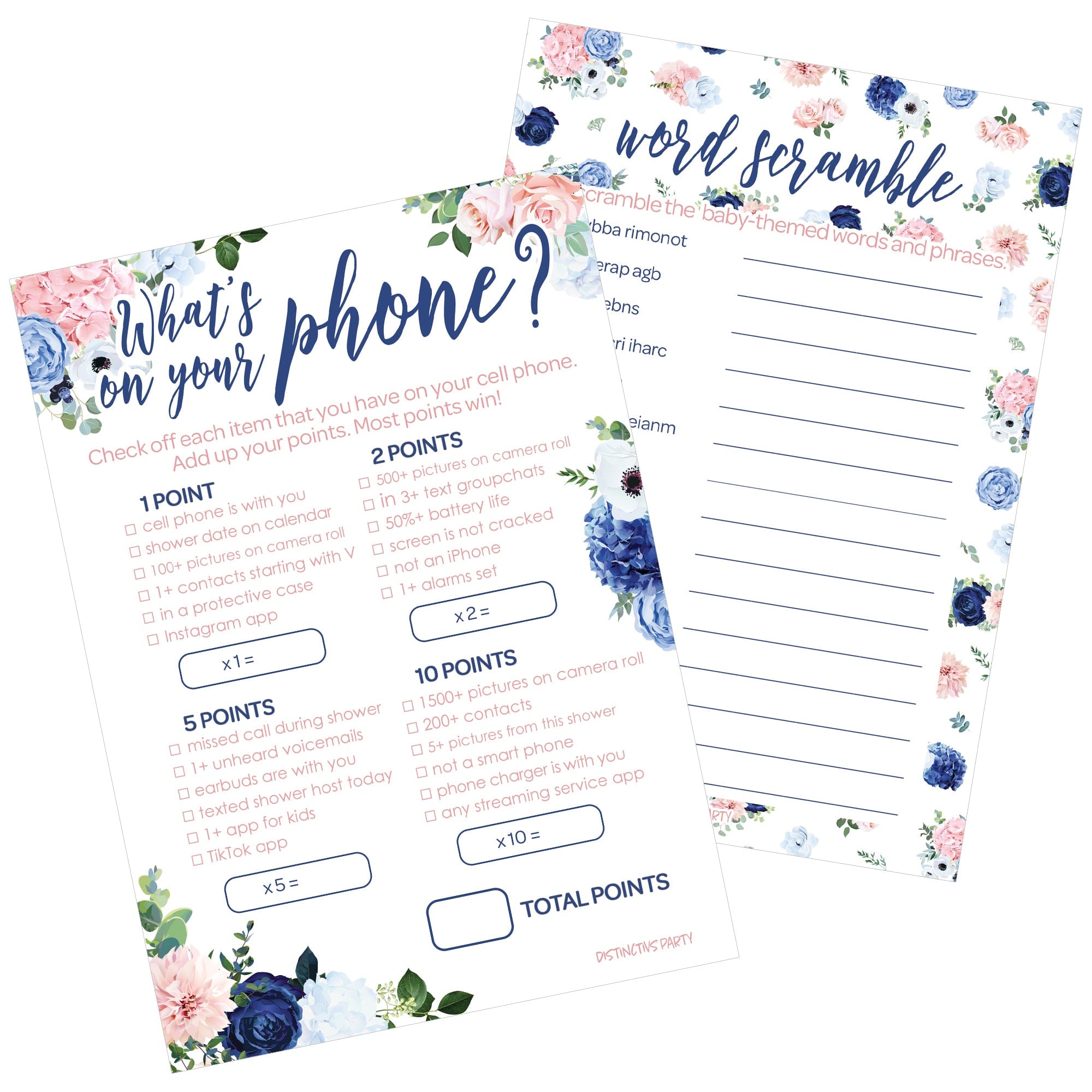 Navy and Blush What's On Your Phone and Word Scramble Gender Reveal Party Game - 20 Dual-Sided Game Cards